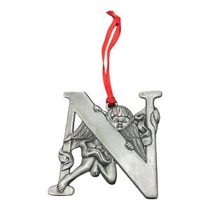 Cherub Initial N Christmas Ornament Monogram N Silver Tone